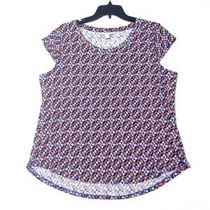 Emaline Geometric Blouse Womens L Blue Orange Cap Sleeve Round Neck Pullover Top